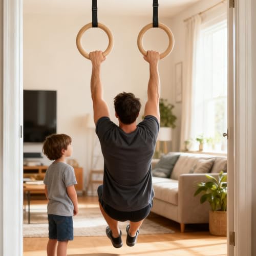 Wooden Gymnastic Rings, Gymnastics Grips - Strength Training Rings - for Home Gym Fitness Exercise Playground Indoor Outdoor