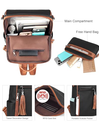 FADEON Leather Backpack Purse for Women Designer Travel Backpack Purses PU Fashion Ladies Shoulder Bag with Tassel - color: 2 Retro Black With Brown