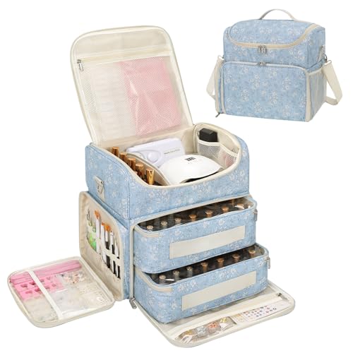 CUBETASTIC Extra Large Nail Polish Organizer Case Holds 86 to 100+ Bottles Nail Polish & Nail Lamp, Nail Supplies Storage Carrying Bag with 2 Removable Pouches, White Floral in Blue - color: White Floral in Blue