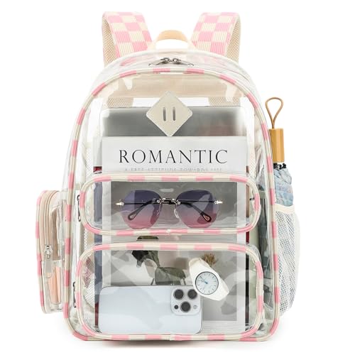 Clear Backpack for School, Girls Boys Transparent Bookbag Women See Through Backpack for Travel Security College Concert (Corduroy Checkered Pink) - color: Corduroy Checkered Pink