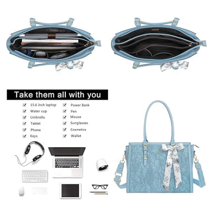 MOSISO Laptop Bag for Women, 15.6-16 inch PU Leather Tote Bag Compatible with MacBook, HP, Dell, Asus Notebook, Front Embossed Retro Hibiscus Computer Bags with Silk Scarf&Clutch Purse, Air Blue - color: Air Blue, size: 16 inch