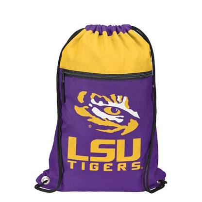 FOCO NCAA Officially Licensed Unisex Team Color Collage Primary Logo Wordmark Drawstring Backpack With Zippered Pocket - LSU Tigers - color: Lsu Tigers