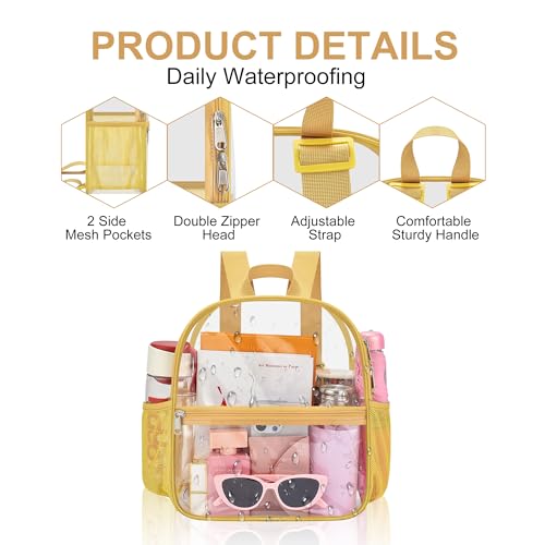 Oraben Clear Backpack Stadium Approved, 12 x 6 x 11 in, Small Transparent Backpack for Concerts, Sports Events, Festivals, Travel, Waterproof PVC, Adjustable Straps, Women Men - color: Gold, style: Nylon Shoulder Straps