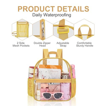 Oraben Clear Backpack Stadium Approved, 12 x 6 x 11 in, Small Transparent Backpack for Concerts, Sports Events, Festivals, Travel, Waterproof PVC, Adjustable Straps, Women Men - color: Gold, style: Nylon Shoulder Straps