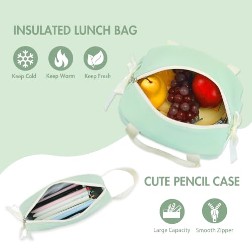 Kids Backpack for Girls - 3PCS Cute Embroidered Bow Girls Backpack with Insulated Lunch Bag & Pencil Case - Bookbag for Teen Women Middle High School College Work Travel Daypack - color: Sage