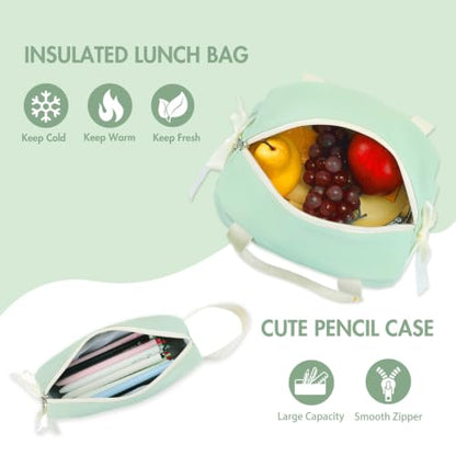 Kids Backpack for Girls - 3PCS Cute Embroidered Bow Girls Backpack with Insulated Lunch Bag & Pencil Case - Bookbag for Teen Women Middle High School College Work Travel Daypack - color: Sage