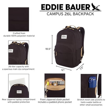 Eddie Bauer Campus Backpack 26L | Everyday Carry | Work | Travel | Commuter | Padded Laptop Sleeve | Stretch Bottle Pockets | Lightweight | Durable - Black - color: Campus - Black, size: 26L