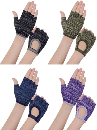 Fourluoo 4 Pairs Pilates Gloves with Grips for Women Non Slip Cotton Fingerless Silicone Yoga Gloves for Gym Exercise Workout Weight Training Mitten Fits Women Men - color: Black,Green,Blue,Purple