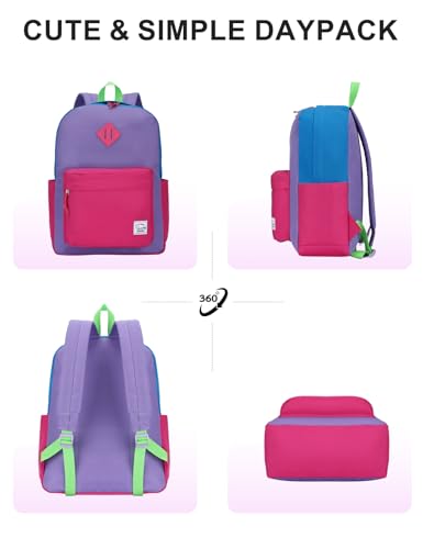 VASCHY Lightweight Backpack for School, Water Resistant Classic Bookbag with Side Pockets for Girls Kids,Teens Violet Rose Pink - color: Violet & Rose Pink