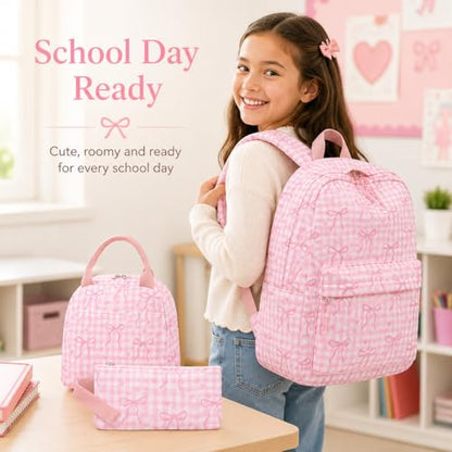 LEDAOU Backpack for Girls School Bag Kids Bookbag Teen Backpack Set Daypack with Lunch Bag and Pencil Case | Kids - color: A-bow Tie Pink