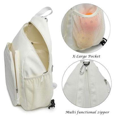 RAINBOW SMILE Sling Bag Crossbody Backpack for Pickleball Paddle Tennis Racketball Travel for Men and Women, with Ice Bag 2PS - color: White
