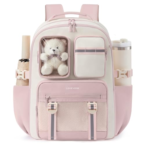 LOVEVOOK Cute School Backpack for Girls Ages 8-14, Bookbag with Plush Bear & Clear Display Pocket, Fits 17.3 Inch Laptop & 40oz Tumbler, Back to School Backpack for Elementary & Middle School - color: Pink / Off-white, size: 17.3 Inch