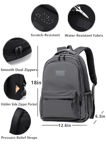 Water-Resistant Casual Backpack – Lightweight Travel Daypack with Laptop Compartment & Multi-Pocket Design (Grey) - color: Grey