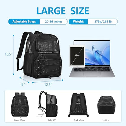 Paxiland Mesh Backpack Heavy Duty See Through Mesh Bookbag Large Backpack for Travel Swimming Outdoor Sports Beach, Black - color: Black-27l