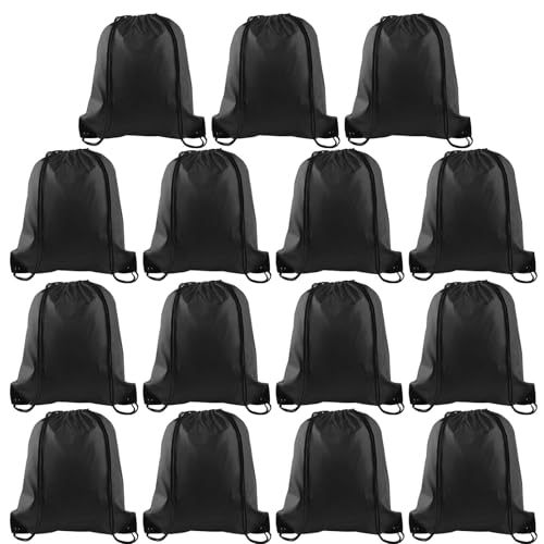 PLULON 15 Pcs Black Drawstring Bags, Drawstring Backpack Bulk, Classic Gym Backpack Bags for Yoga Traveling Outdoor Sports - color: Black