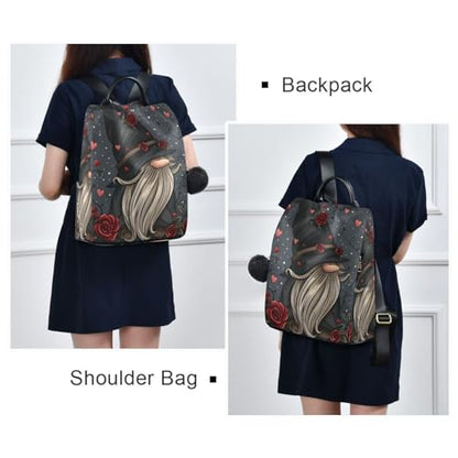 Roses Gnome Backpack for Women Anti Theft Large Fashion Travel Shoulder Bag Purse Rucksack Lightweight