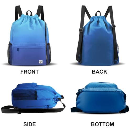 Drawstring Backpack with Mesh Pockets String Gym Bag Sackpack Sandproof Water Resistant Beach Backpack for Men Women - color: Dodger Blue