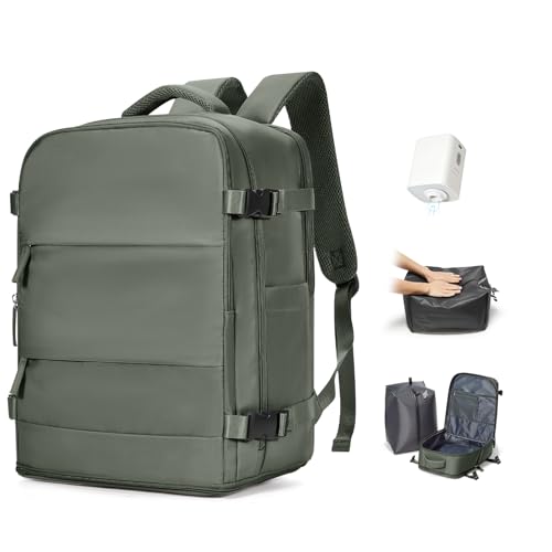 Travel Backpack for Women Men, Flight Approved Carry On Backpack with Compression Vacuum Storage Bags, 18x14x8 inches Personal Item Travel Bag with Pump Olive Green - color: Olive Green