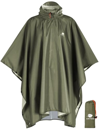 ANYOO Hooded Rain Poncho for Adults Waterproof Lightweight Rain Coat for Men Women Reusable Rain Jacket for Emergency Outdoor - color: Army Green