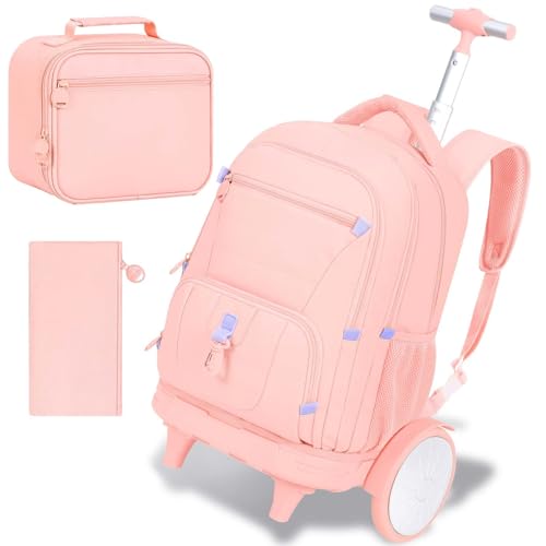 CCJPX 3Pcs Women & Girls Rolling Backpack with Bigger Wheels, Extra-Large Wheeled Bookbag with Lunch Box, Water Resistant Extra-Large Roller Luggage for Travel, Work, College (Pink) - color: Pink(upgrade Large Wheel)