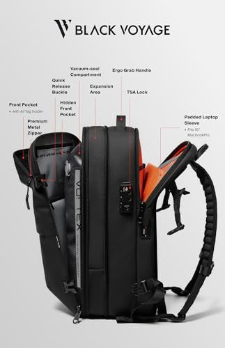 BlackVoyage Vortex Vacuum Seal Travel Backpack 60L Expandable Air Compression System Water Resistant TSA Lock Carry-On - color: Black