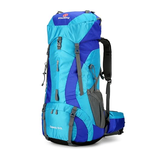 Hiking Backpack for Men and Women 70L+5L Waterproof Lightweight Camping Daypack with Rain Cover for Outdoor Travel Mountaineering - Frameless (Blue) - color: Blue
