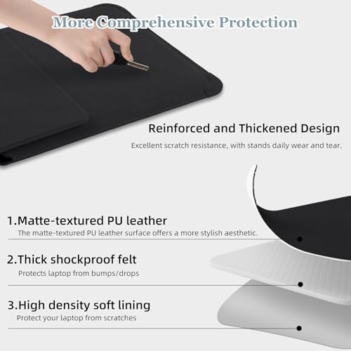 15-16 Inch Protective Laptop Sleeve Case with Stand, for MacBook Air 15" M5~M2 (2026-2023); MacBook Pro 16" M5~M1, Pro/Max(2026-2021), Matte PU Leather Laptop Case 15"-16" (Black) - color: Black, size: 15-16 Inch