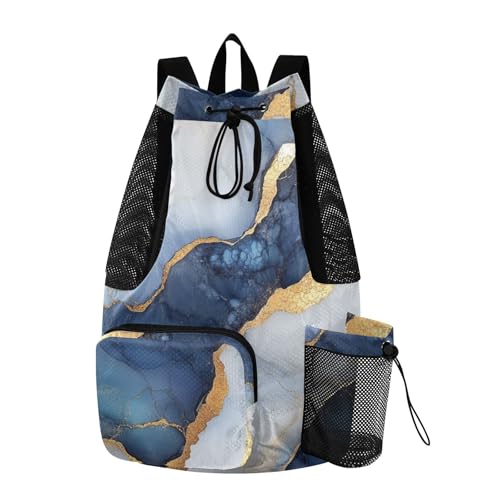 Hiking Drawstring Backpack Gym Swim Bag With Water Bottle Pocket Cinch Back Sack Dry Wet Separation Marble White Navy Blue - color: Color 13