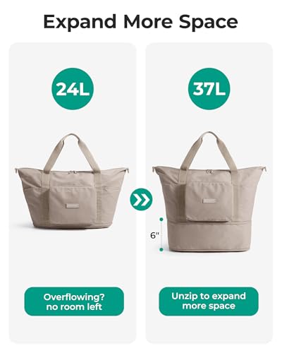 BAGSMART Foldable Travel Bag, 37L Expandable Personal Item Bag, Lightweight Weekender Bags for Women, Water Resistant Extra Carry on for Travel, Grayish Green - color: Grayish green