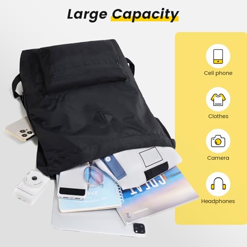 Vorspack Drawstring Backpack Water Resistant String Bag Sports Gym Sack with Side Pocket for Men Women - color: 01-black