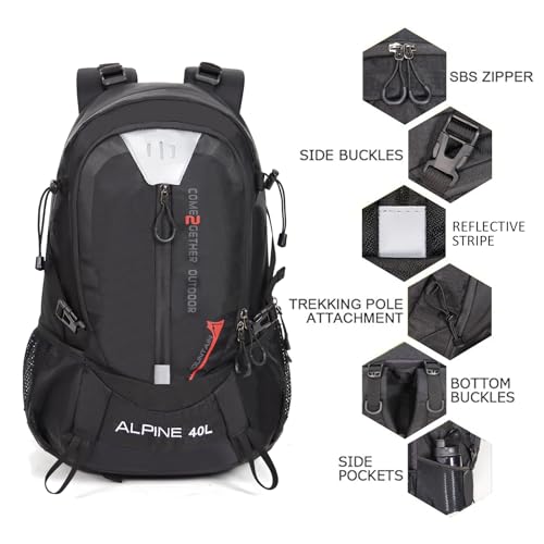 Hiking Backpack Camping 40L Outdoor Daypack Lightweight Travel Backpack with Rain Cover for Women Men (Black) - color: Black