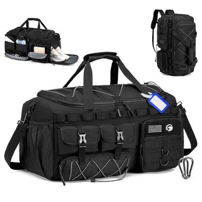 Gym Bags for Men with Shoe Compartment 60L Tactical Duffle Bag 3 in 1 Carry on Duffel Bag Travel Backpack Weekender Overnight Range Bag for Workout Football, Black - size: 60L