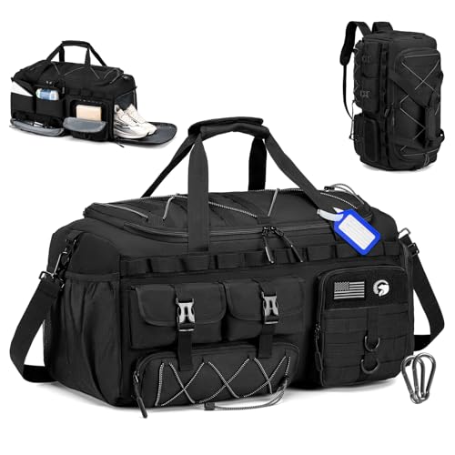 Tactical Gym Bags for Men, Carry On Luggage 22x14x9 Airline Approved, 3 in 1 Duffle Bag with Shoe Compartment,Travel Backpack Weekender Overnight Range Bag for Workout Football, Black - size: 50L