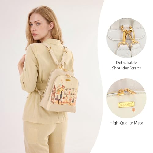 Venetti Cityscape Illustration Mini Backpack for Women and Girls, Cute Small Backpack Purse with Multi-Pocket and Zipper, Light Print Shoulder Bag Leather for Travel Daily Use VN-HB-001-BG - color: Beige