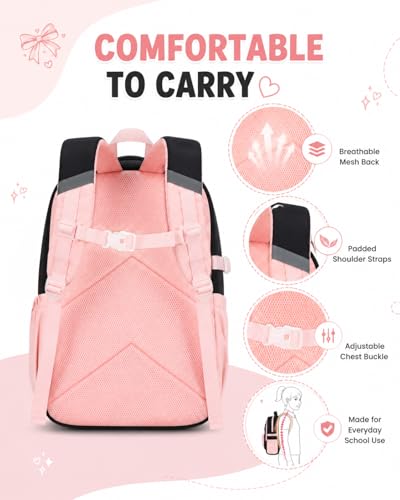CAMTOP Girls Backpack with Lunch Box & Pencil Case Set, School Backpack for Girls with Large Water Bottle Holder Straps, Waterproof Kids Backpack, Cute Bookbag for Elementary School & Travel - color: Black Pink