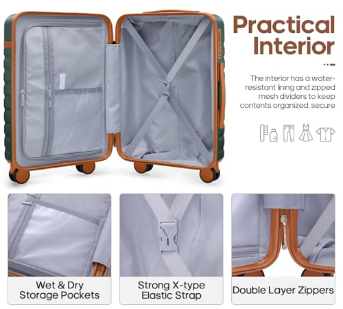 UKEIN Luggage Sets 3 Piece, PC Hardside Large Luggage 24 Inch With Spinner Wheels with TSA Lock, Carry On Suitcase Set With Travel Backpack for Men (Green, 3 piece set (24inch)) - color: Green, size: 3 piece set (24inch)