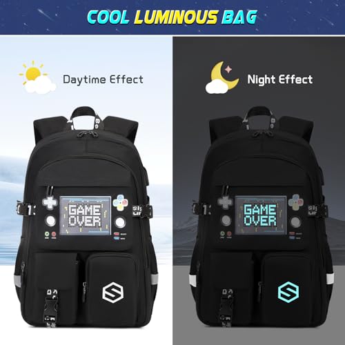 Scothen Boys Backpack, Cool Luminous School Backpacks for Boys with Lunch Bag Pencil Case, Kids Backpack Kindergarten Elementary Middle School Book Bags for Teen Boy Children with USB Charging Port - color: Black