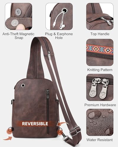 FADEON Large Sling Bag for Women, Designer Leather Crossbody Purse Convertible Sling Backpack, Anti Theft Daypack for Travel - color: Coffee Brown Retro Style