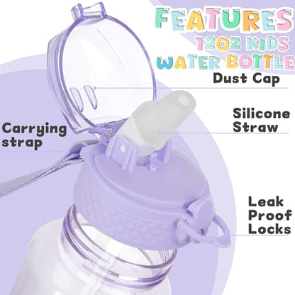 OLDLEY 12oz Kids Water Bottle, Tritan BPA-Free, Leakproof Flip Straw Lid, Motivational Time Marker, Carry Strap, Reusable Clear Water Bottle for Boys & Girls,Amethyst - color: Amethyst, style: 12 Ounces