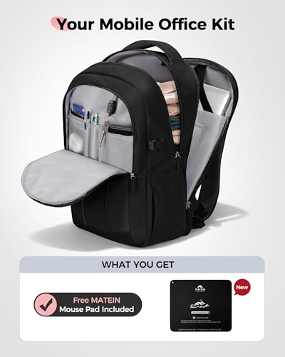 MATEIN HER Work Laptop Backpack for Men Women Fits 17'' Computer, Black | Anti Theft, Water Resistant, with Lunch Compartment, Water Bottle Holder, Office Travel Commute, Bookbag for College - color: Black