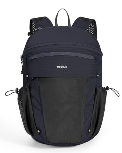 ECOHUB 15L Lightweight Casual Daypack, Packable Backpack for Daily Use, Hiking & Travel, Foldable Small Backpack with Stretch Mesh Pockets, Water-Resistant Nylon, Reflective Design - color: Black