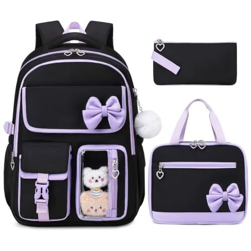 GeeWin Girls Backpack for School with Lunch Box & Pencil Case Set, 17 Inch Waterproof Cute Bow Girls Bookbag for Kids, Teens, Elementary Middle High College School Student (Black/Purple) - color: Black Purple