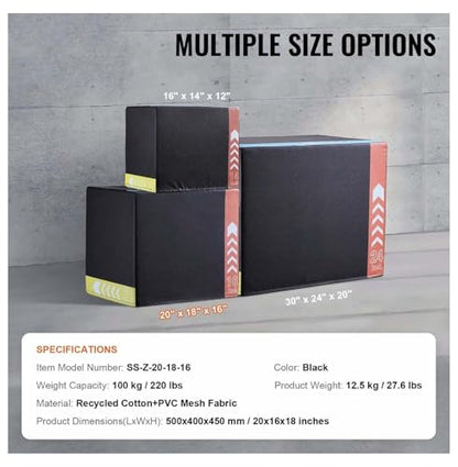 Plyometric Jump Box 3-in-1, 20/18/16 Inch - Cotton Plyo Box for Fitness, Agility & Strength Training - Step Up Platform - Home Gym Equipment - Black