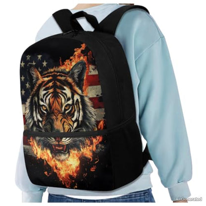 American Flag Tiger Backpack Set for Boys School Backpack with Lunch Bag Water Bottle Carrier Pencil Case 4PCS Set Kids Bookbag for Kindergarten Primary Elementary School Bags with Handle - color: American Flag Tiger