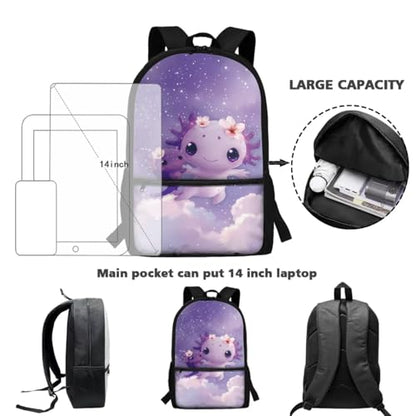 ZDCUSTOM Girls Backpacks with Lunch Box, Purple School Backpack for 1st Grade Kids Axolotl Bookbag with Pencil Case Water Bottle Holder Keychain, Back to School Gear for Girls Age 6-8 - color: Purple Axolotl