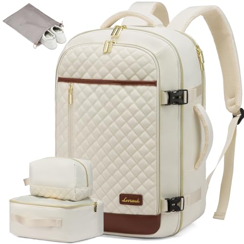 LOVEVOOK Large Travel Backpack for Women, 40L Carry on Backpack for Airplanes,TSA Personal Item Travel Bag fits 17" Laptop,Travel Essentials Carry On Bag Flight Approved with 3 Packing Cubes - color: Beige, size: 17.3inch - 4Pcs