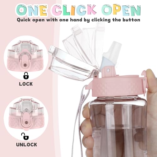 OLDLEY 12oz Kids Water Bottle, Tritan BPA-Free, Leakproof Flip Straw Lid, Motivational Time Marker, Carry Strap, Reusable Clear Water Bottle for Boys & Girls,Cherry Blossom - color: Cherry Blossom, style: 12 Ounces
