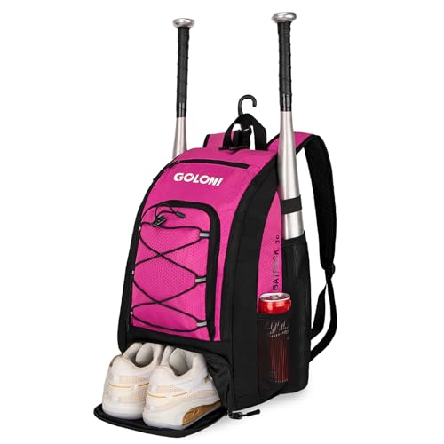 Goloni 40L Baseball Bag, Softball Bat Bag with Shoes Compartment,Fence Hook,Backpack for Baseball, T-Ball & Softball Equipment & Gear - color: Rose Red