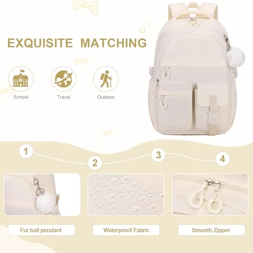 DIGOBAY 3PCS Girls Backpack for School, Kids Backpack for Girls with Lunch Bag Pencil Case, Kids Bookbag Teen Girl Backpacks for Elementary Middle High College School (White) - color: Beige