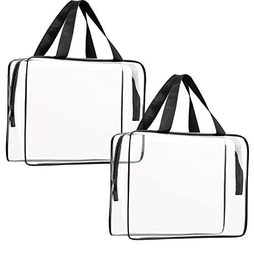 2Pcs Crystal Clear PVC Travel Toiletry Bag Kit for Women Men, Waterproof Vinyl Packing Organizer Storage Bags with Zipper Handle Straps, Cosmetic Pouch Carry on Airport Airline Compliant Bag Handbag - color: 2pcs Black-Large, size: 2pcs Large